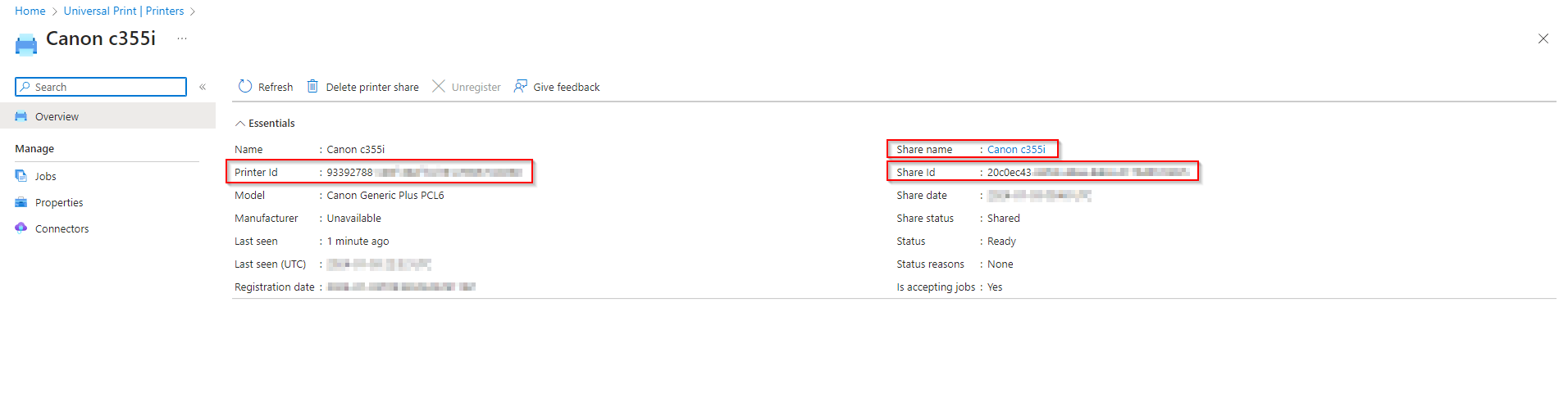 Configuring Universal Print printer details: Action, Cloud Device ID, Shared ID, Shared Name